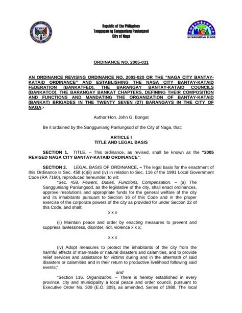 Ordinance approved by the Sangguniang Panlungsod of the City of Cau.